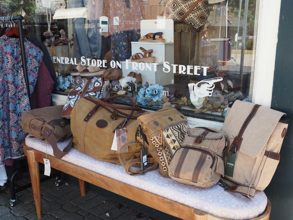 Bags and apparel displayed outside a general store in Frenchtown, NJ.